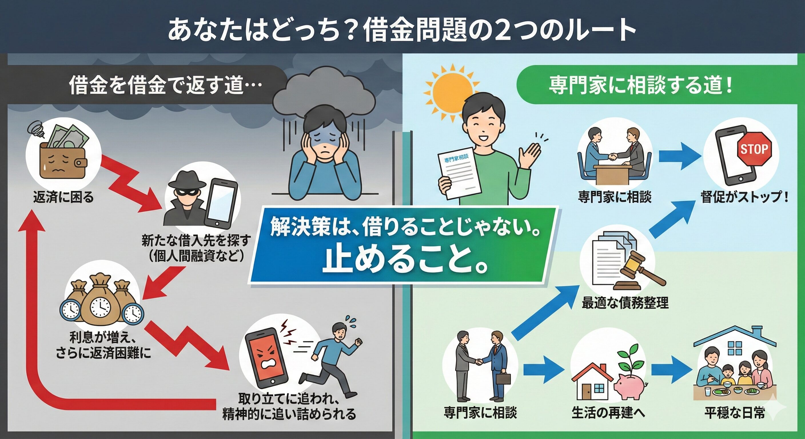 借金問題の分岐路を示す図。左側は借金を重ねて悪化する道、右側は専門家に相談して生活を再建する道。