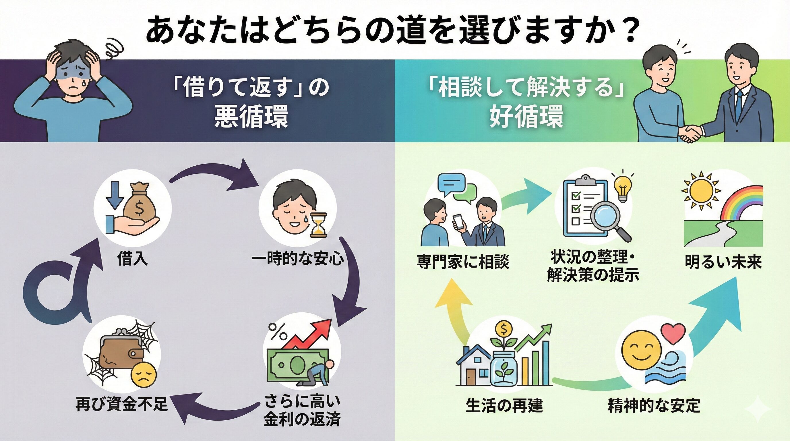 借金問題を「借りて返す」悪循環と「相談して解決する」好循環で比較した図。相談することが根本的な解決につながることを示している。