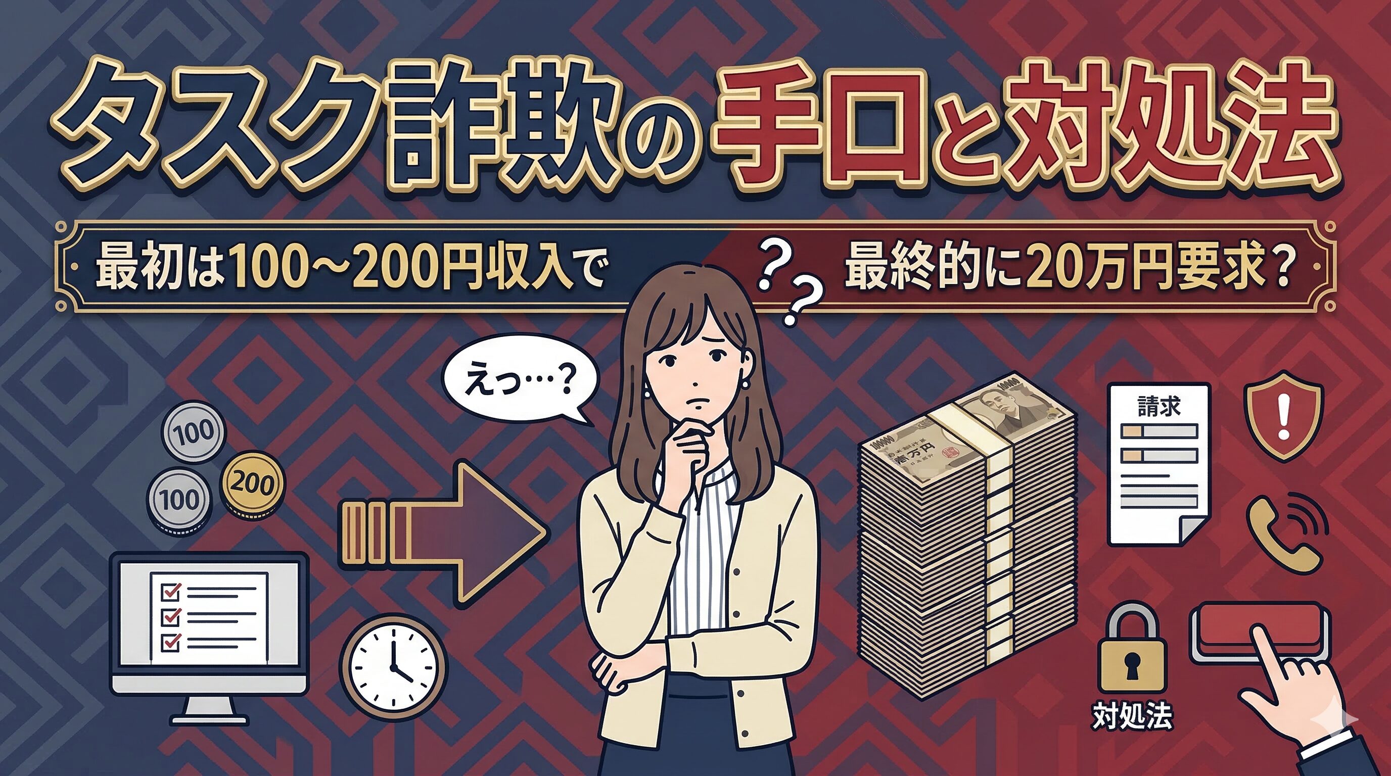 最初は100〜200円収入で最終的に20万円要求？タスク詐欺の手口と対処法