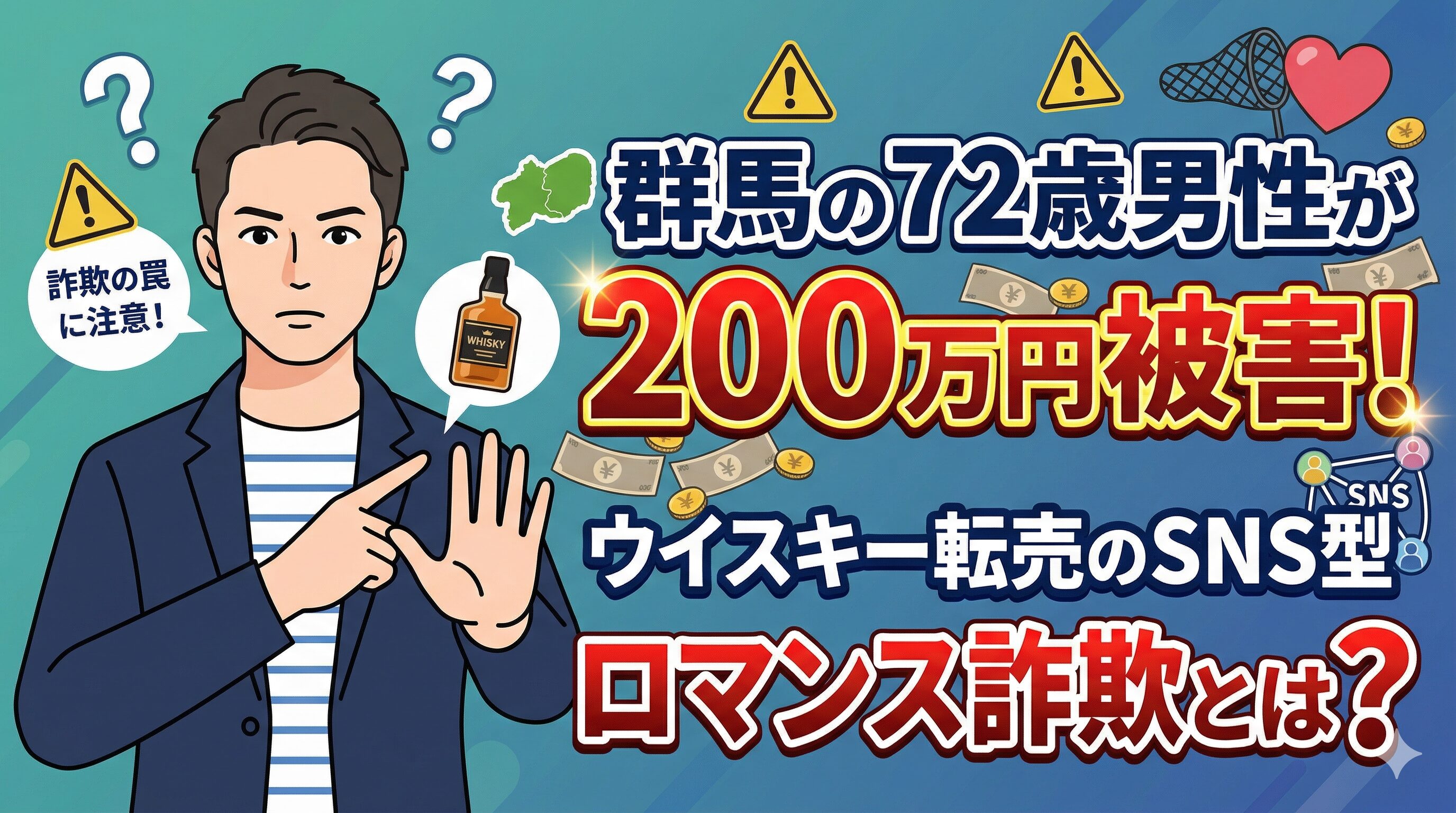 群馬の72歳男性が200万円被害！ウイスキー転売のSNS型ロマンス詐欺とは？