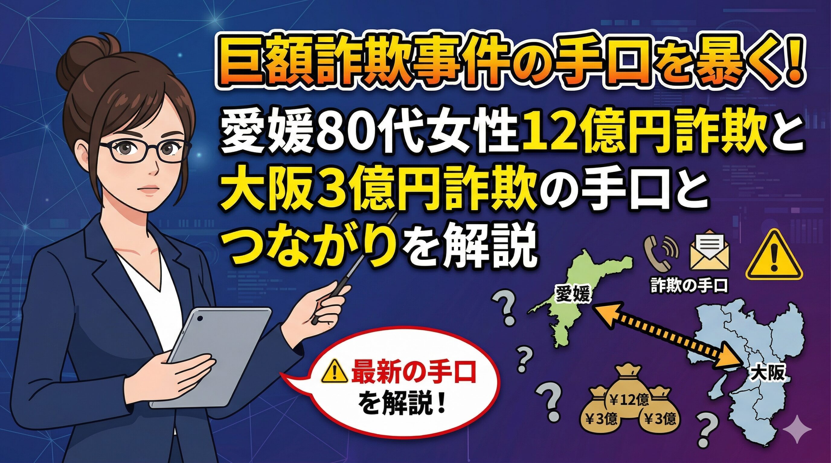 愛媛80代女性12億円詐欺と大阪3億円詐欺の手口とつながりを解説