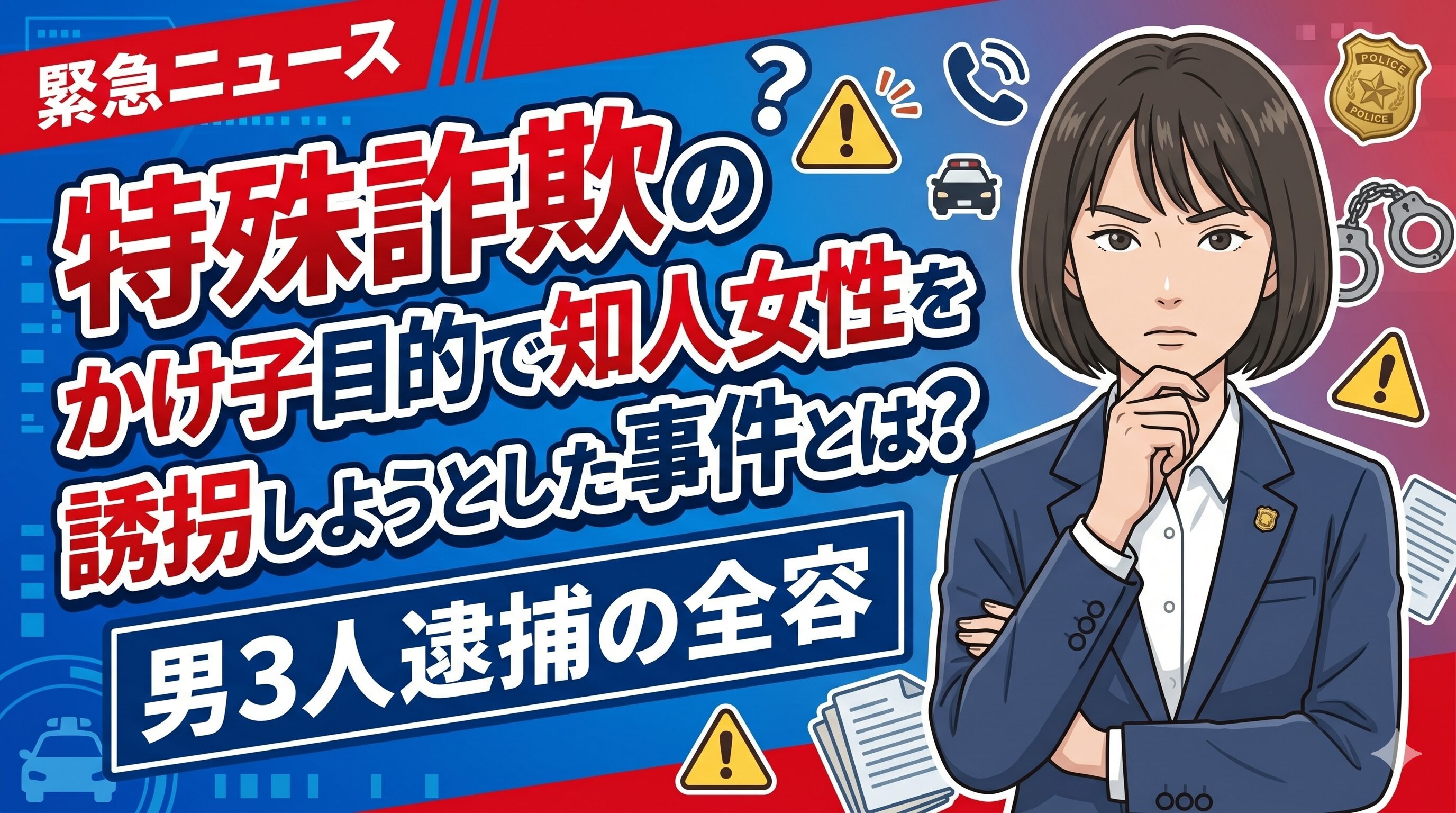 特殊詐欺のかけ子目的で知人女性を誘拐しようとした事件とは？男3人逮捕の全容
