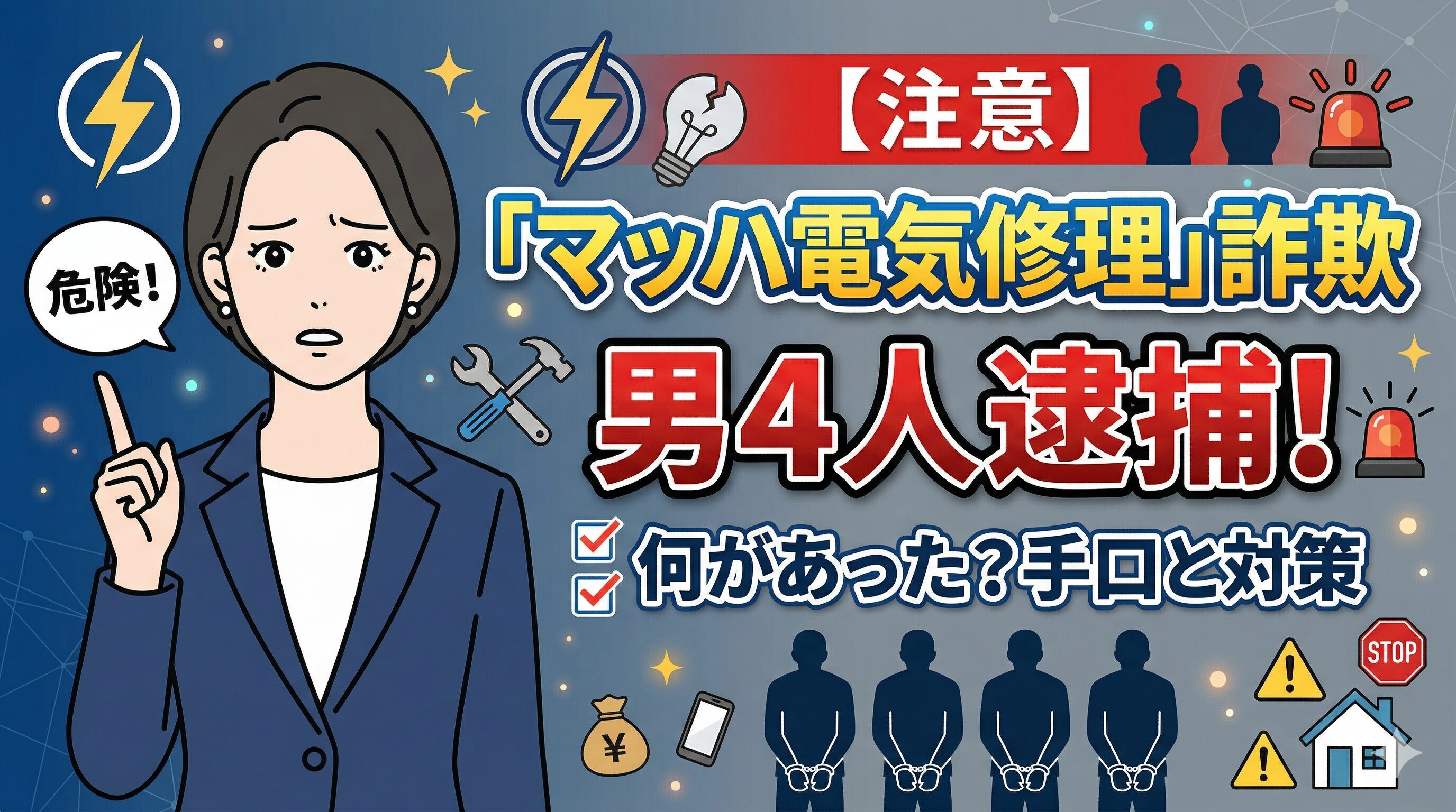 【注意】「マッハ電気修理」詐欺で男4人逮捕！何があった？手口と対策
