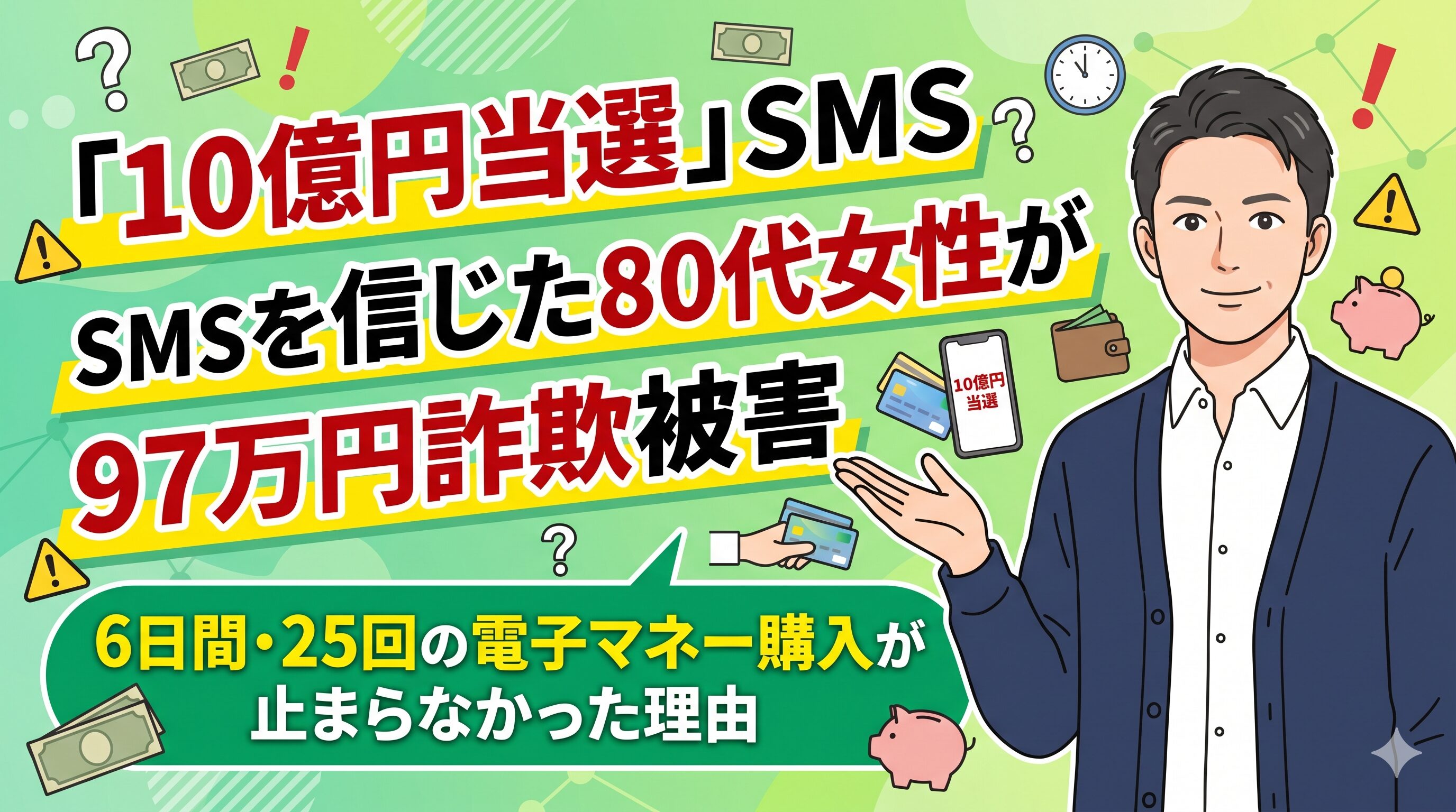 「10億円当選」SMSを信じた80代女性が97万円詐欺被害｜6日間・25回の電子マネー購入が止まらなかった理由