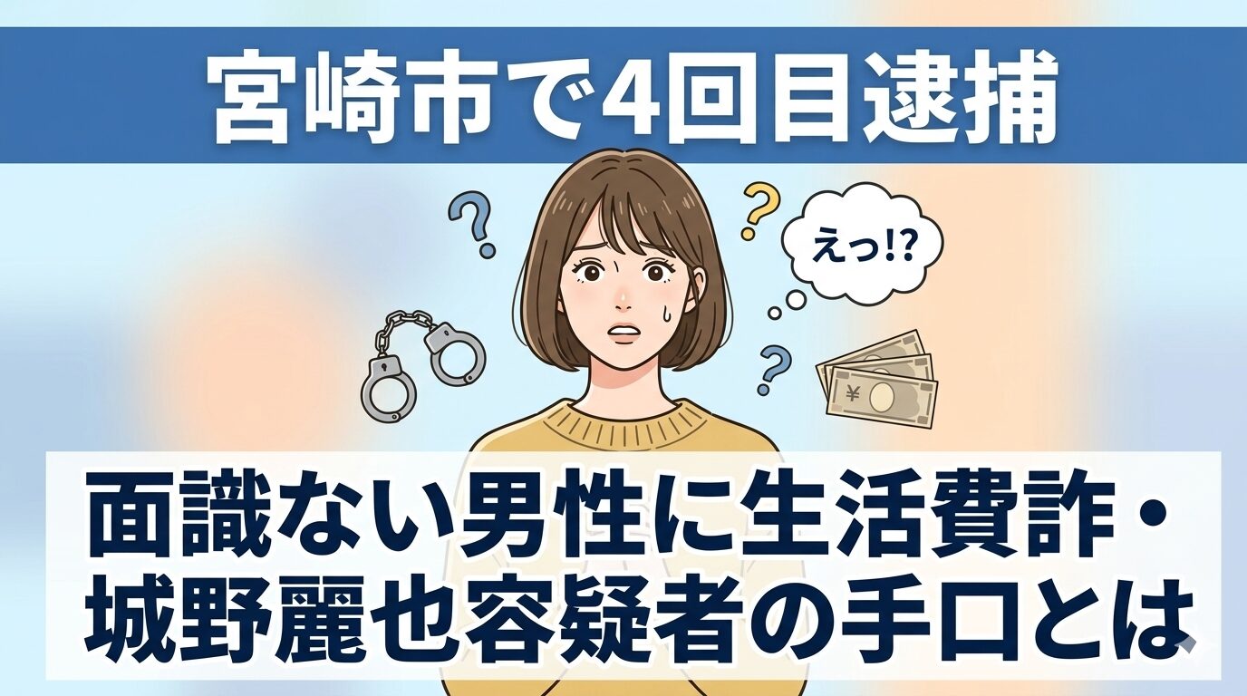 宮崎市で4回目逮捕｜面識ない男性に生活費詐取・城野麗也容疑者の手口とは