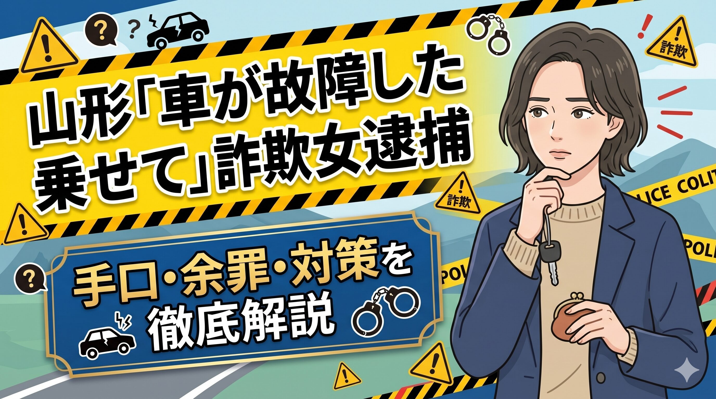 山形「車が故障した乗せて」詐欺女逮捕：手口・余罪・対策を徹底解説
