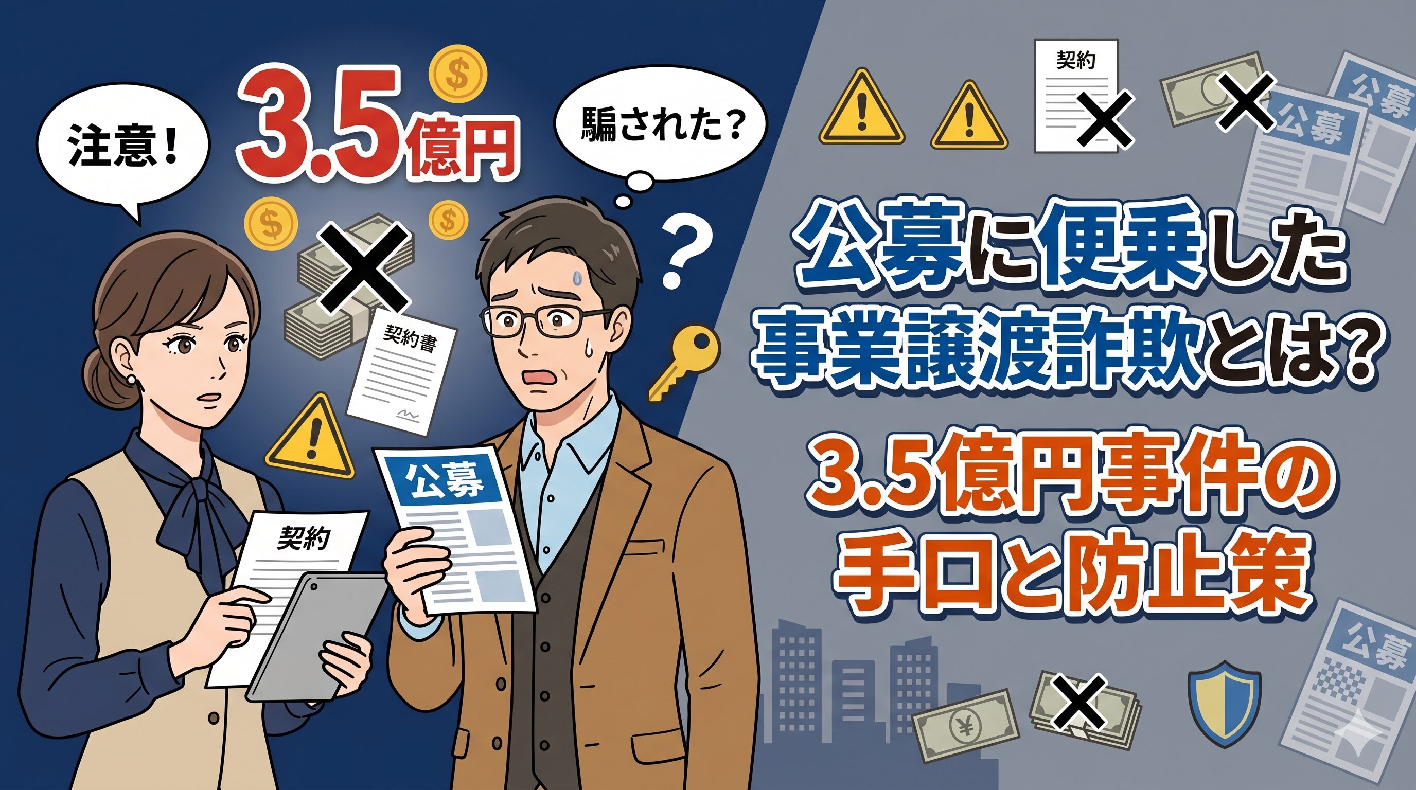 公募に便乗した事業譲渡詐欺とは？3.5億円事件の手口と防止策