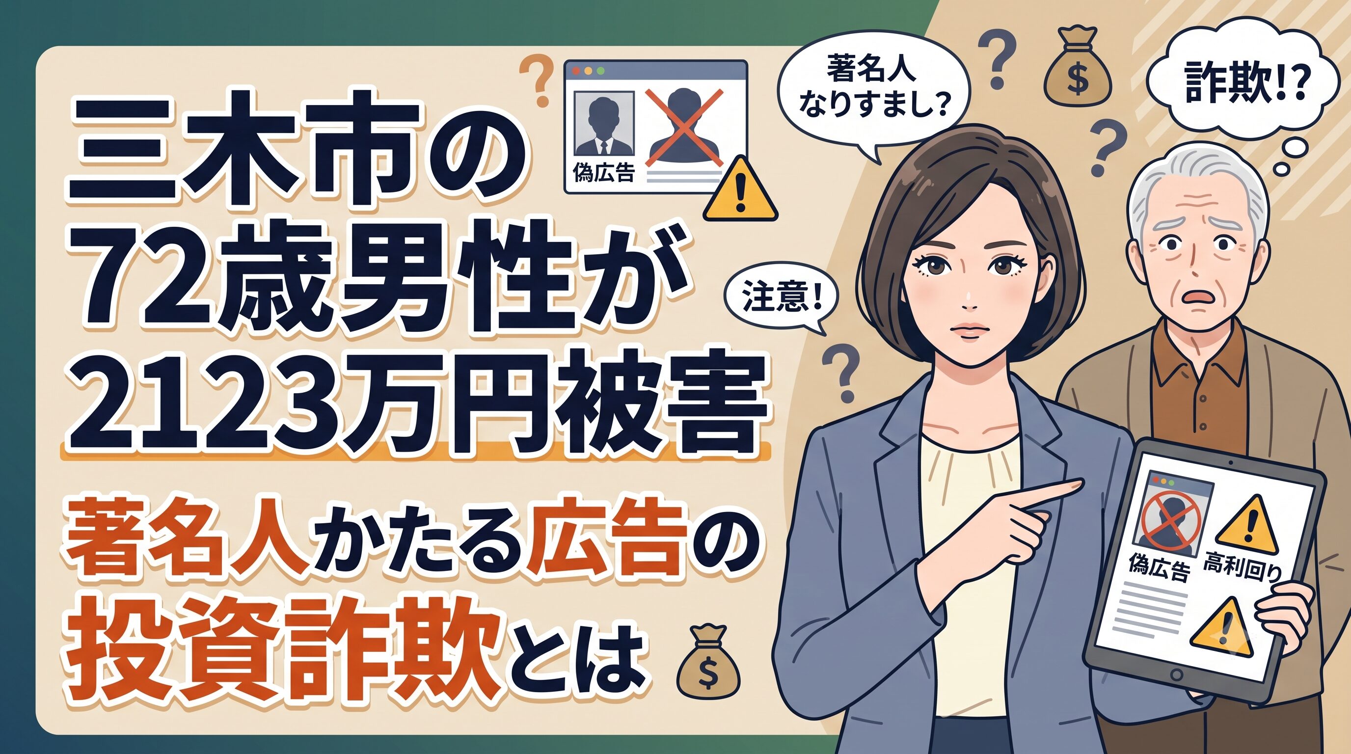 三木市の72歳男性が2123万円被害｜著名人かたる広告の投資詐欺とは