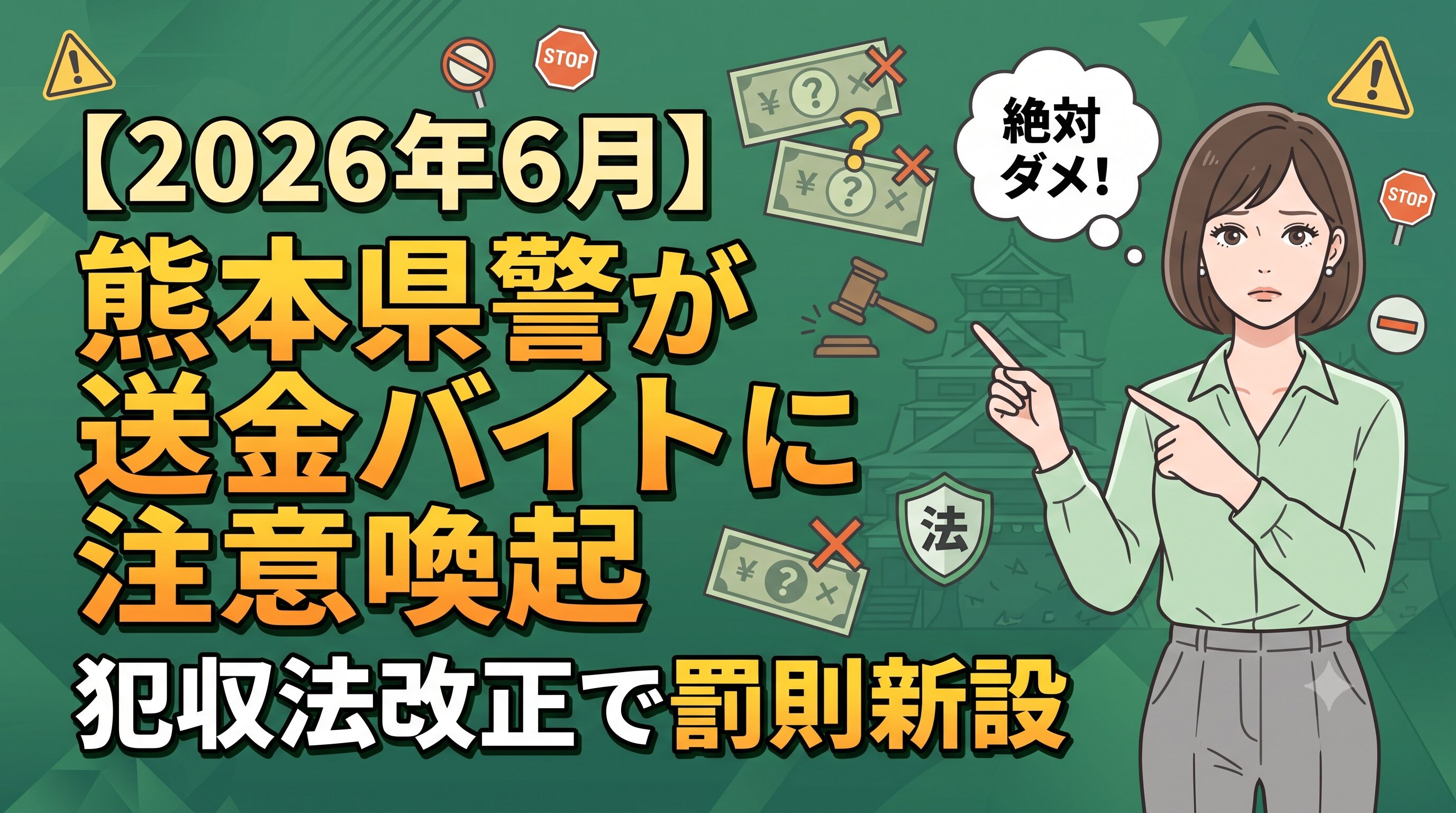 【2026年6月】熊本県警が送金バイトに注意喚起｜犯収法改正で罰則新設